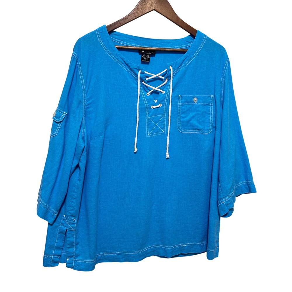 Carole Little Womens Coastal Nautical Beachy Lace Up Top 2X Blue Linen Blend